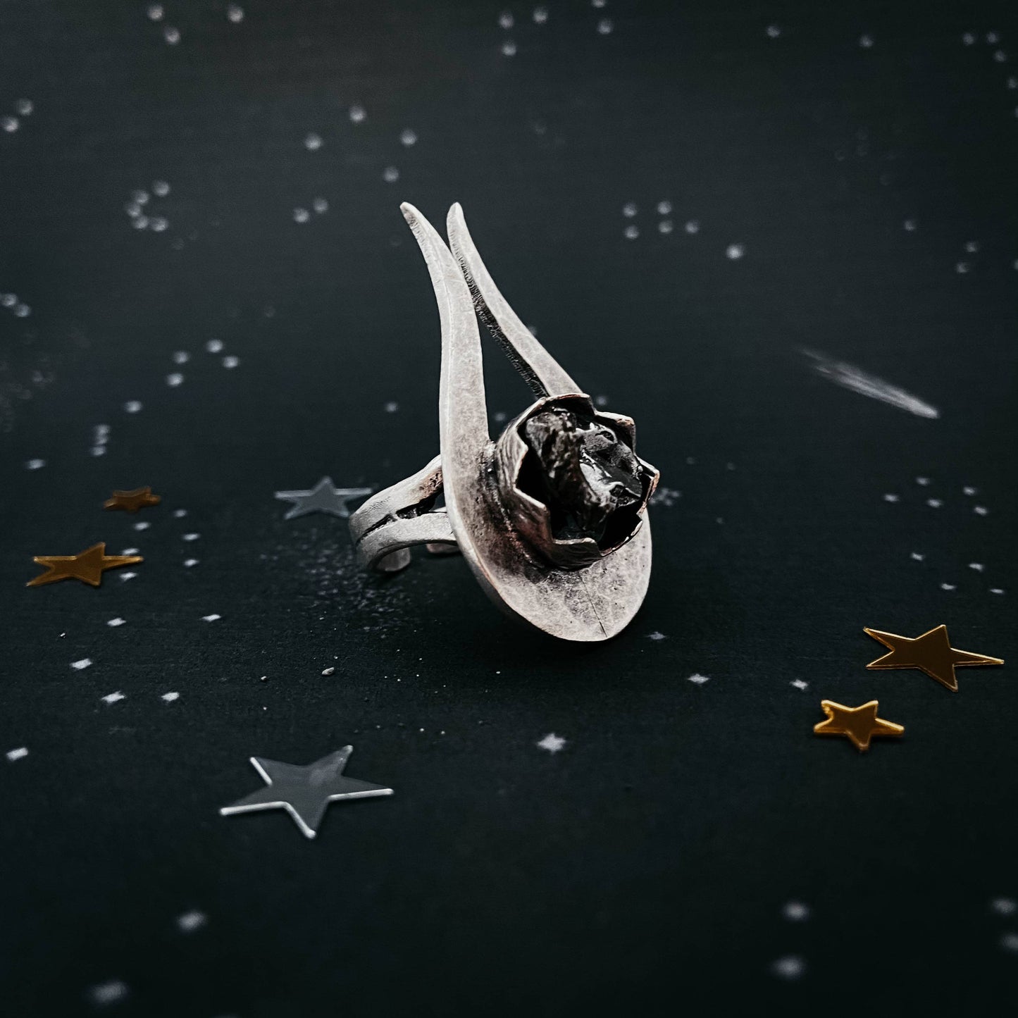 Comet Ring with Raw Authentic Meteorite