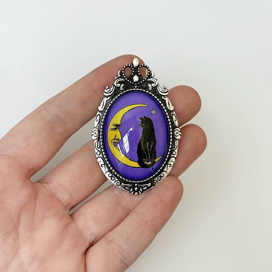 Black Crescent Moon Cat Brooch