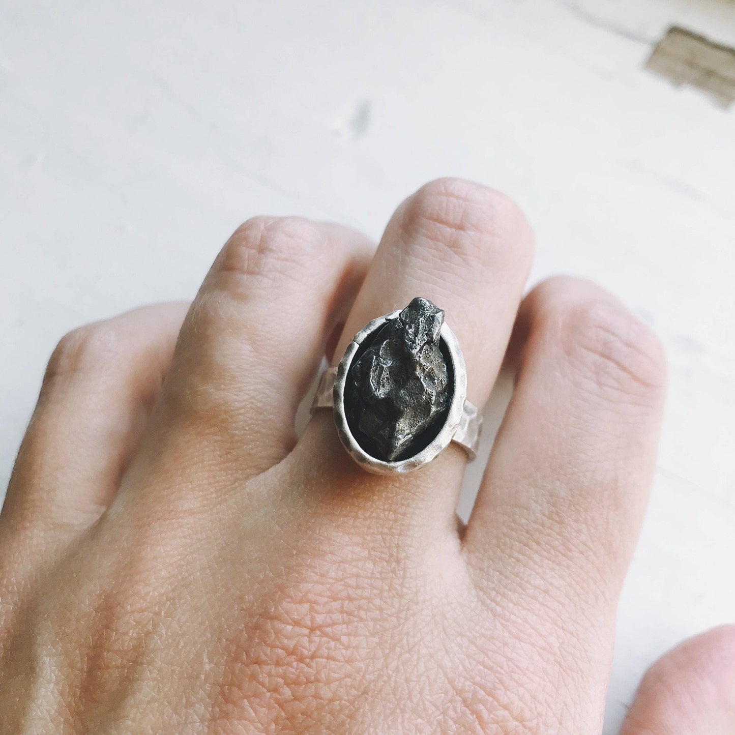 Oval Silver Ring with Authentic Meteorite