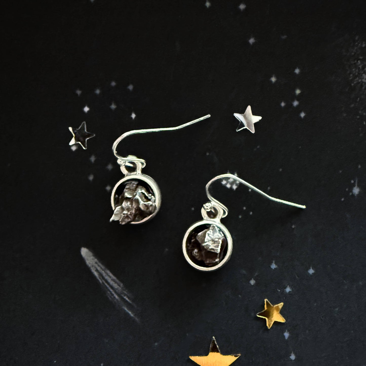 Small Round Raw Meteorite Dangle Earrings