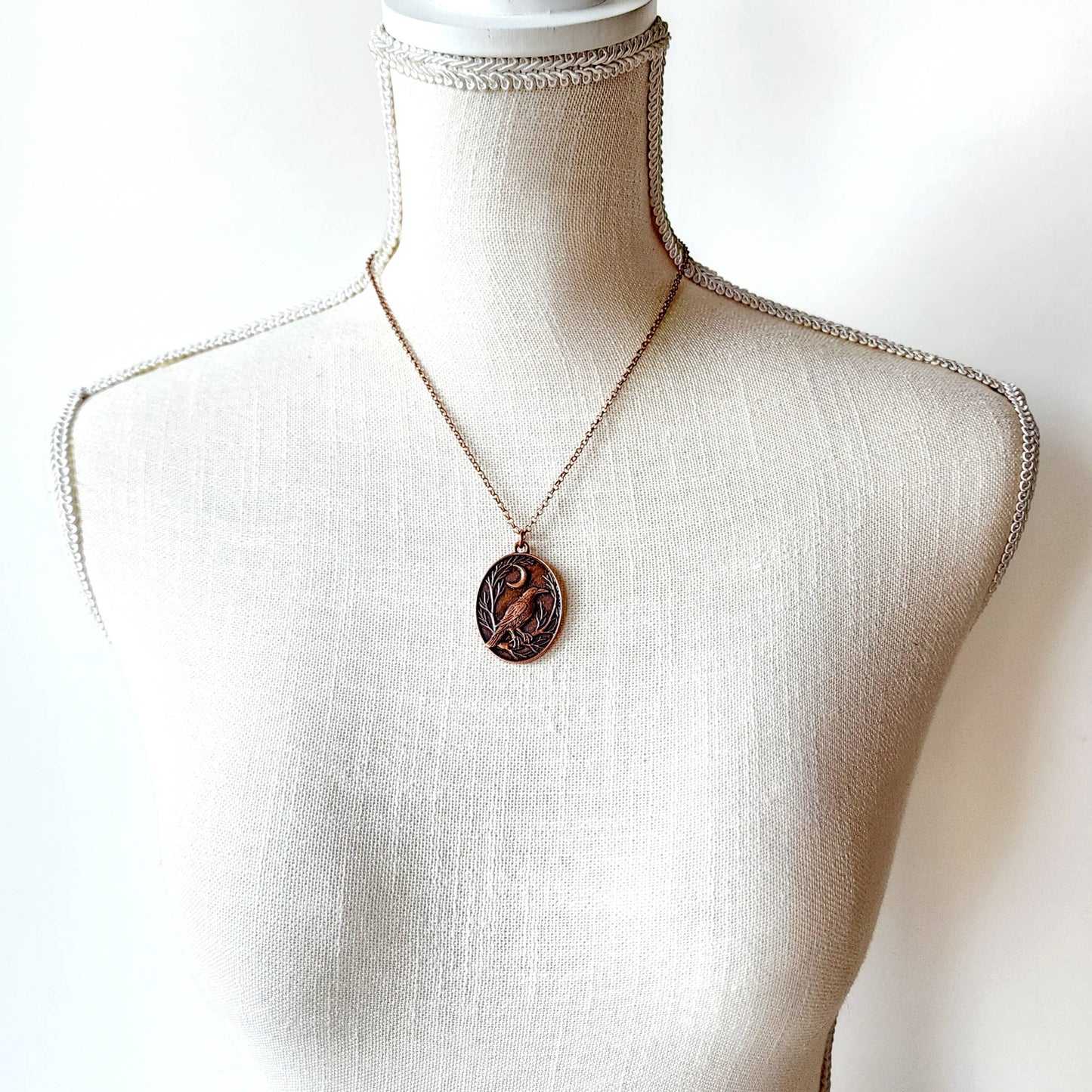 Raven and Crescent Moon Copper Pendant Necklace