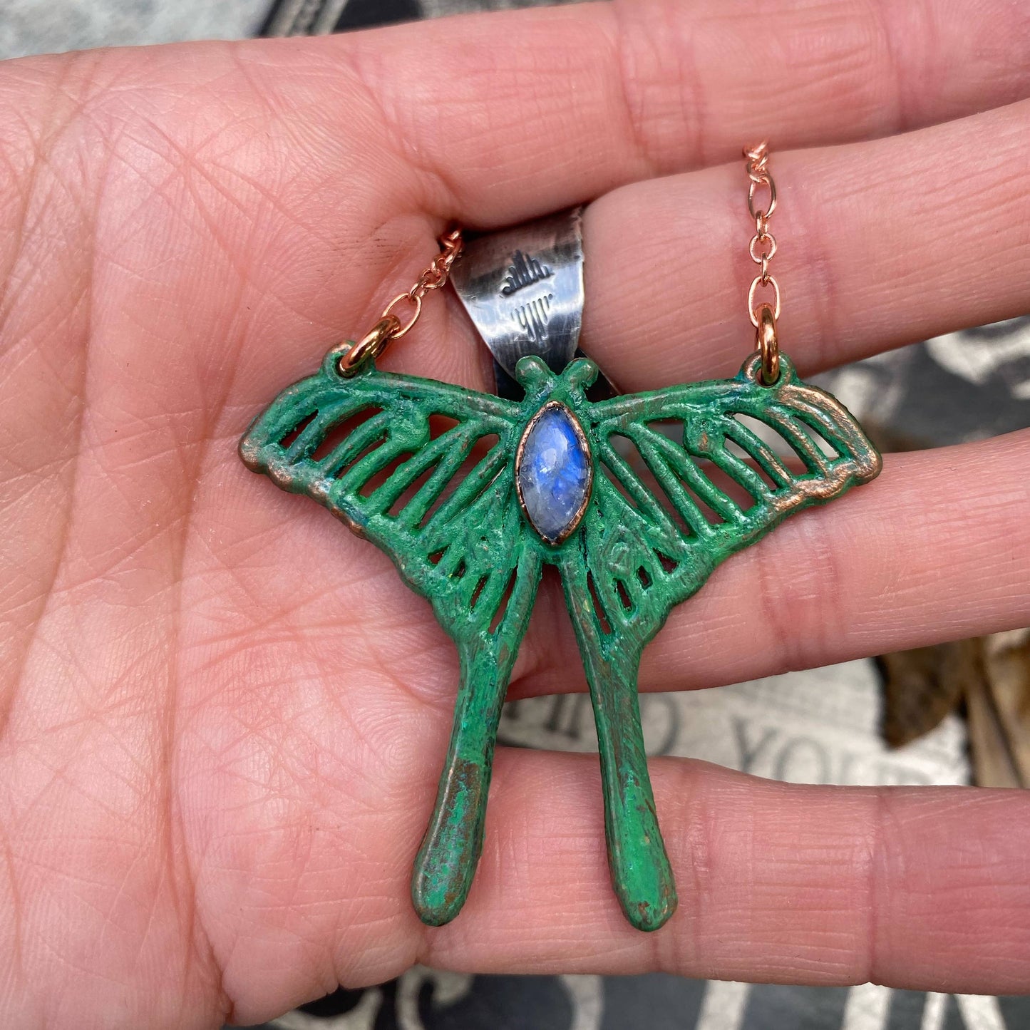 Rainbow Moonstone Luna Moth Necklace