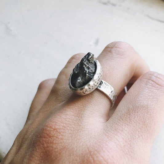 Oval Silver Ring with Authentic Meteorite