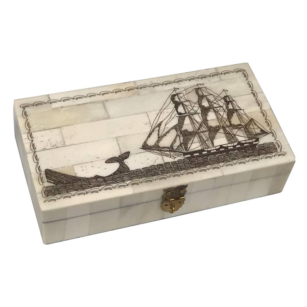 Engraved Whale Chase Scrimshaw Bone Box, 6-1/4”