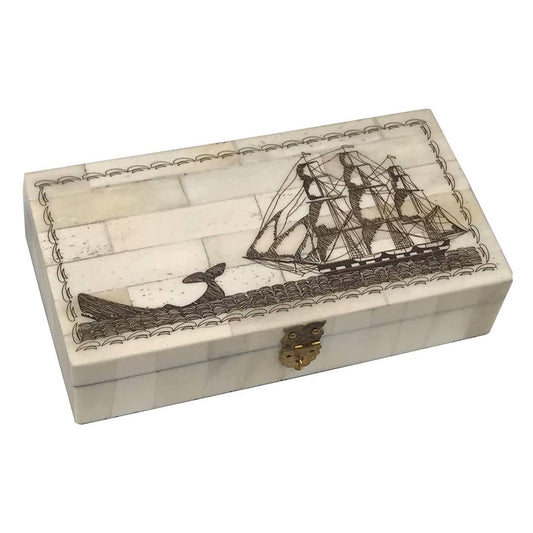 Engraved Whale Chase Scrimshaw Bone Box, 6-1/4”