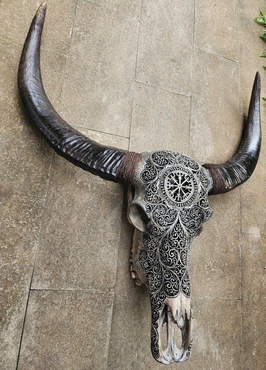 Hand-Carved Buffalo Skull, "Viking Compass"