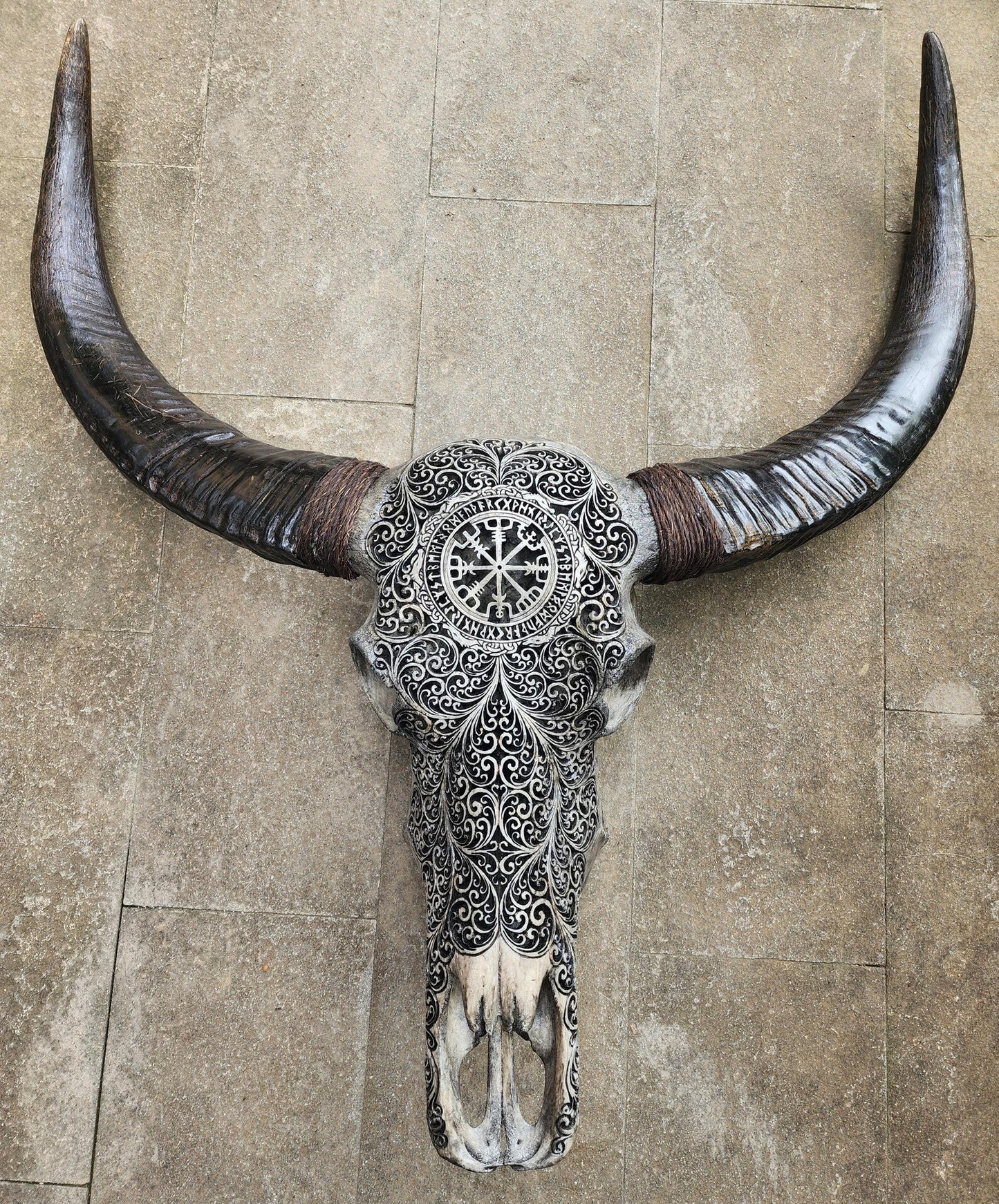 Hand-Carved Buffalo Skull, "Viking Compass"